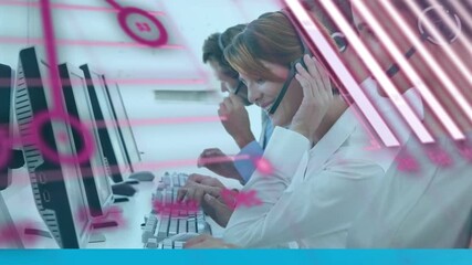 Animation of data processing over diverse business people using phone headset in office - Powered by Adobe