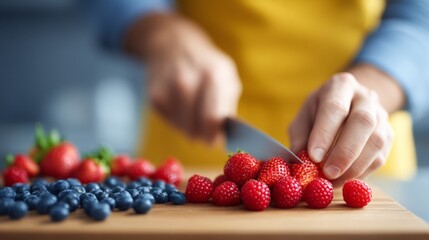 A person prepares ripe strawberries and blueberries on a wooden cutting board. Sunlight streams in, illuminating the vibrant colors of the fruits as they are sliced