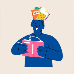 Woman while reading book and there are books in her head. Colorful vector illustration