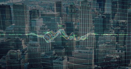 Animation of financial data processing over digital screen and grid - Powered by Adobe