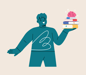 New knowledge concept. Boy holding textbooks and brain in hand. Colorful vector illustration