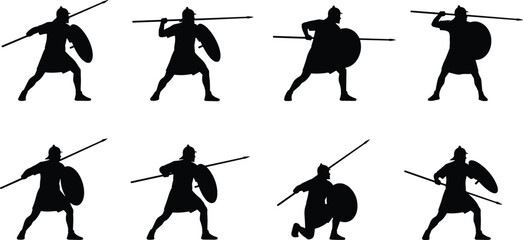 Ancient warrior silhouette, spear stance, shield pose, combat motion, battlefield readiness, helmeted fighter, historical armor, battle scene, defense, strength