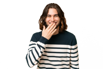 Young handsome man over isolated background happy and smiling covering mouth with hand