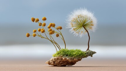 Delicate Dandelion and Yellow Flowers on Mossy Rock with Blurry Background.