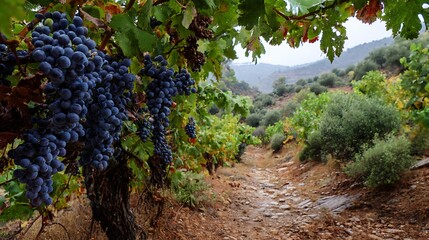 Lush vineyard with ripe purple grapes hanging from green leaves on a dirt path