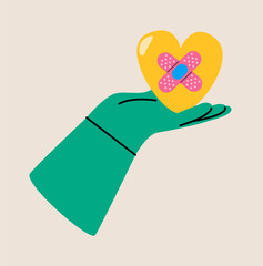 Hand holding heart with adhesive plaster. Concept of blood transfusion and donation. Colorful vector illustration