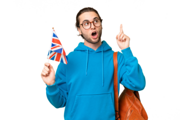 Young handsome man holding an United Kingdom flag over isolated background thinking an idea pointing the finger up
