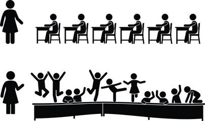 Classroom comparison, traditional teaching, interactive learning, student engagement, teacher with students, education styles, playful classroom, structured lesson, silhouette scene