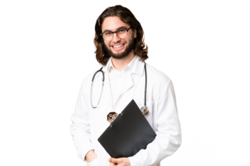 Young handsome man over isolated chroma key background wearing a doctor gown and holding a folder