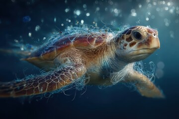 Fototapeta premium Sea turtle struggles against plastic pollution while swimming in clear ocean waters during a bright sunny day