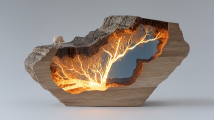 Abstract Wood Sculpture with Glowing Electrical Discharge Pattern.