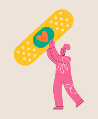 Woman holding adhesive plaster. Concept of blood transfusion and donation. Colorful vector illustration