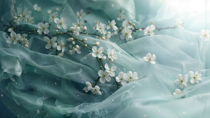 floral banner aqua blue silk with white flowers