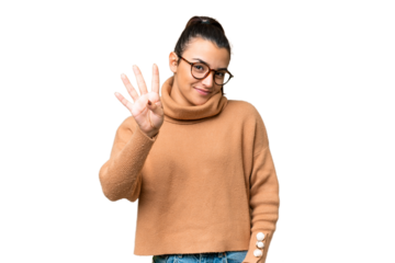 Young beauty woman over isolated chroma key background happy and counting four with fingers