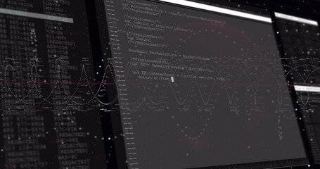Animation of digital interface screens with programming language over spiral patterns - Powered by Adobe