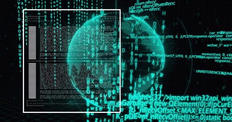 Animation of digital globe rotating with moving computer programming language - Powered by Adobe