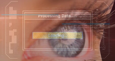 Animation of caucasian female eye with business data processing on digital interface in foreground - Powered by Adobe