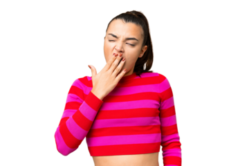 Young beauty woman over isolated chroma key background yawning and covering wide open mouth with hand