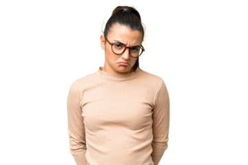 Young beauty woman over isolated chroma key background with sad expression