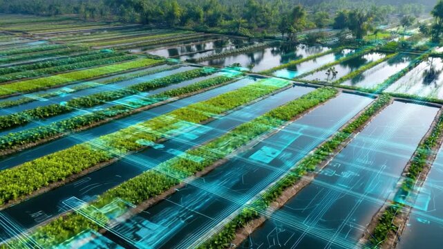 Tech-Integrated Agriculture: An aerial perspective of a meticulously planned agricultural layout, with crops flourishing in a grid-like arrangement.