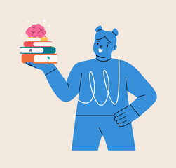 New knowledge concept. Girl holding textbooks and brain in hand. Colorful vector illustration