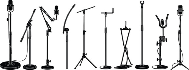 Microphone stand silhouettes, tripod and flat base designs, adjustable arms, audio equipment, recording gear, black shapes, studio setup