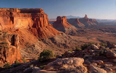 Obraz premium Vast panoramic vista of orange sandstone formations and a distant mountain range