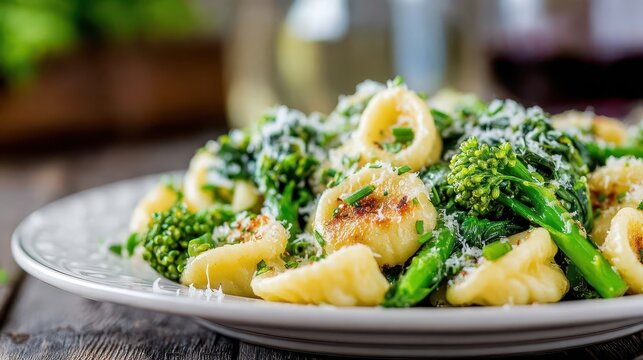 Orecchiette pasta serving with broccoli rabe and parmesan cheese