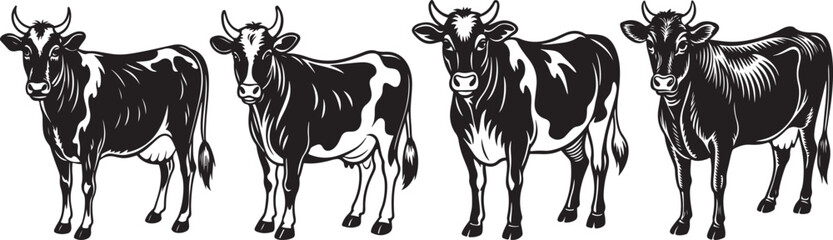 Fototapeta premium black and white abstract background three black and white cows farm animals list.are highland cows farm animals