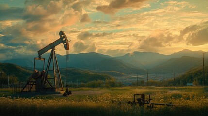 Naklejka premium Oil pump jack operates in a scenic valley surrounded by mountains during the golden hour with dramatic cloud formations
