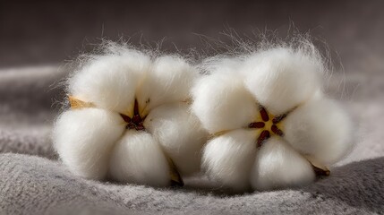 Close-up macro view of two raw cotton bolls with fluffy white fibers and visible seed centers