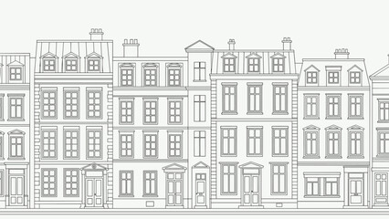 Detailed line drawing of a row of classic European townhouses with multiple windows and doors showing traditional architectural building facades.
