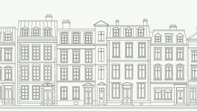 Detailed line drawing of a row of classic European townhouses with multiple windows and doors showing traditional architectural building facades.