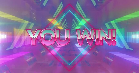 Animation of pink metallic text you win over neon tunnel and person man using over person off only - Powered by Adobe