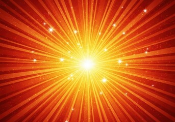 Bright orange red sunburst background with glowing stars and radiant rays
