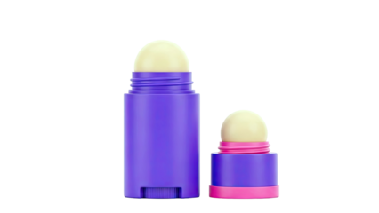 Two purple lip balm sticks with beige balm
