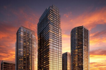 Fototapeta premium Sunset casts vibrant colors over commercial real estate buildings in an urban setting, highlighting modern architecture during twilight hours