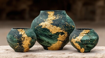 Three decorative vases with green and gold abstract patterns.