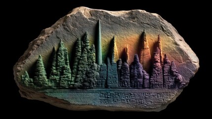 Colorful Forest and Cityscape Carved into Stone with Gradient Hues.