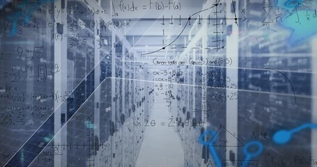Animation of mathematical equations and data processing against computer server room - Powered by Adobe