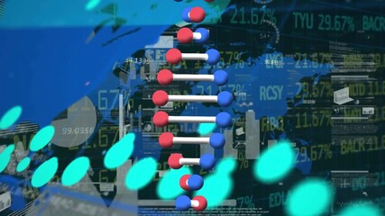 Animation of dna, financial graphs and data over digital screen - Powered by Adobe