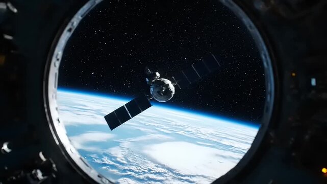 Satellite orbiting Earth viewed from space station window in outer space