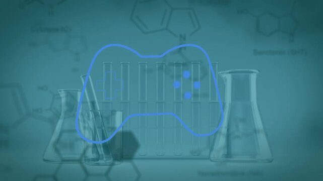 Animation of game controller with scientific formulas over test tubes and beakers on table