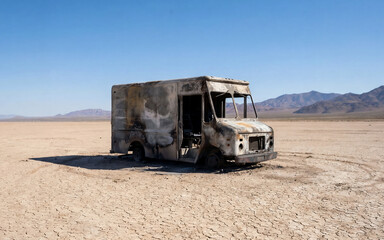 Abandoned and burned delivery truck standing alone on a dry desert plain with cracked earth and distant mountains under a clear blue sky.