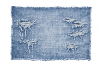 Ripped blue denim textile swatch with frayed edges and holes, providing a textured background for fashion concepts on transparent background