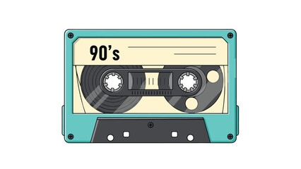 Obraz premium Retro cassette tape from the nineties with a turquoise plastic case and a label featuring the text 90's in a vintage illustration.