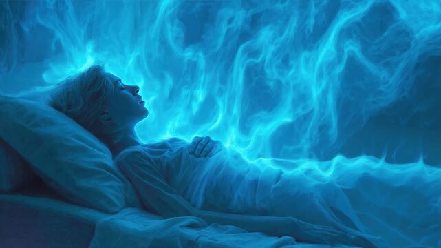 Dreamscape: A serene figure, immersed in a world of tranquility, finds respite in a dreamlike state, with vibrant ethereal energy swirling gently around. A blend of fantasy and reality.