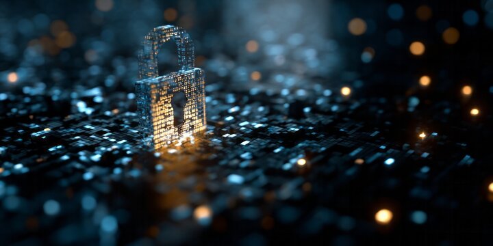 Digital padlock constructed from glowing data bits guards a network.