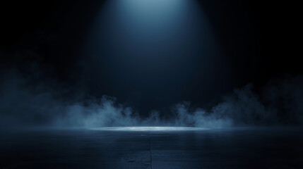 Dark cinematic background features a navy-blue to black gradient, low fog, mist clouds, cold atmospheric lighting, and subtle light rays creating a dramatic moody environmen.