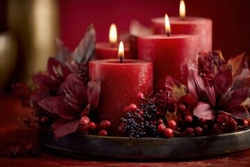Festive holiday candle arrangement with red candles and seasonal decorations enhancing the warm atmosphere of a cozy gathering